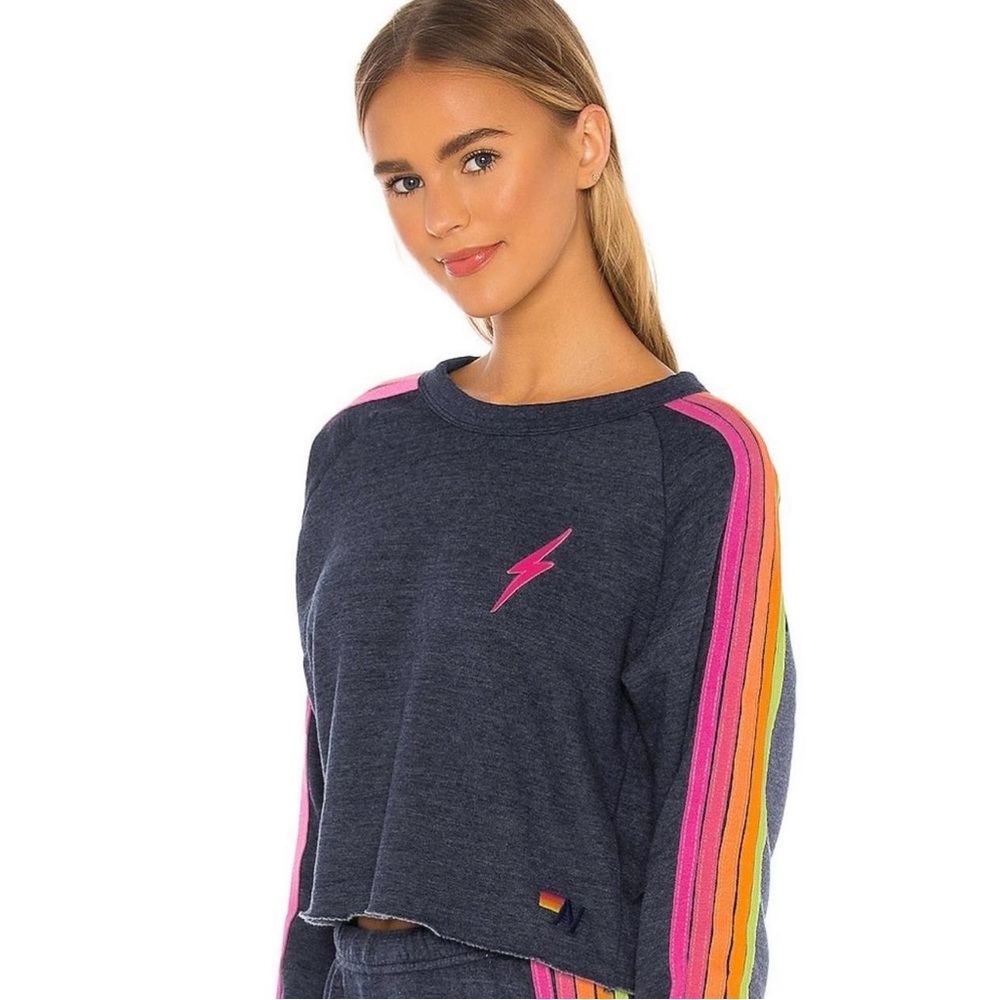 Aviator Nation Cropped Neon Lightening Bolt Crew